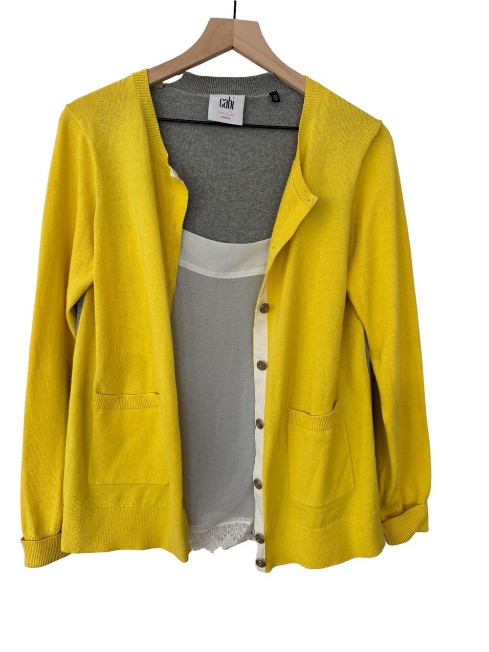 CAbi Bright Yellow Women's Button Cardigan with white lace layer - Medium